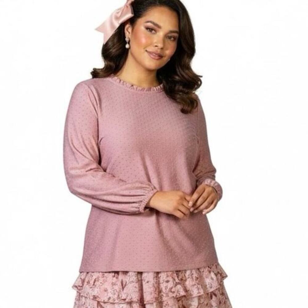 Adrianna‎ Papell Swiss Dot Long Sleeve Blouse Womens XL Pink Feminine Coquette